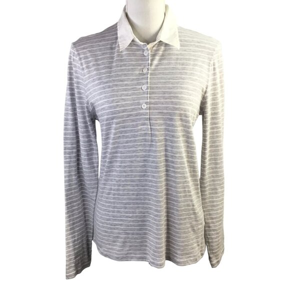 Amina Rubinacci Italy Polo Long Sleeve Gray White Stripe Cotton Size 48 or US 12 - Picture 3 of 10